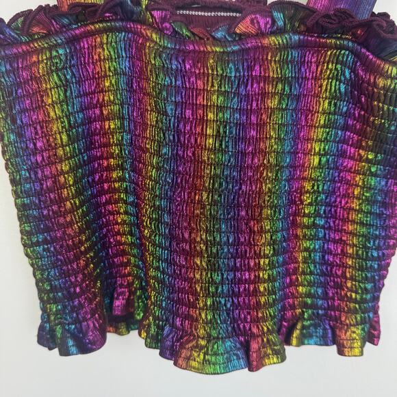 TCEC Womens Tie Strap Rainbow Metallic Cropped Smocked Multicolored Top Small - Picture 6 of 8